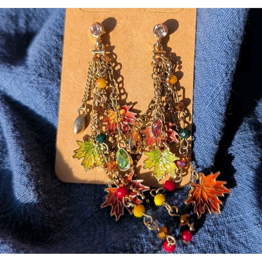 Autumn Fall Maple Leaf Golden Stud Drop Chandelier Earrings Orange‎ Yellow 2+" - Picture 2 of 5